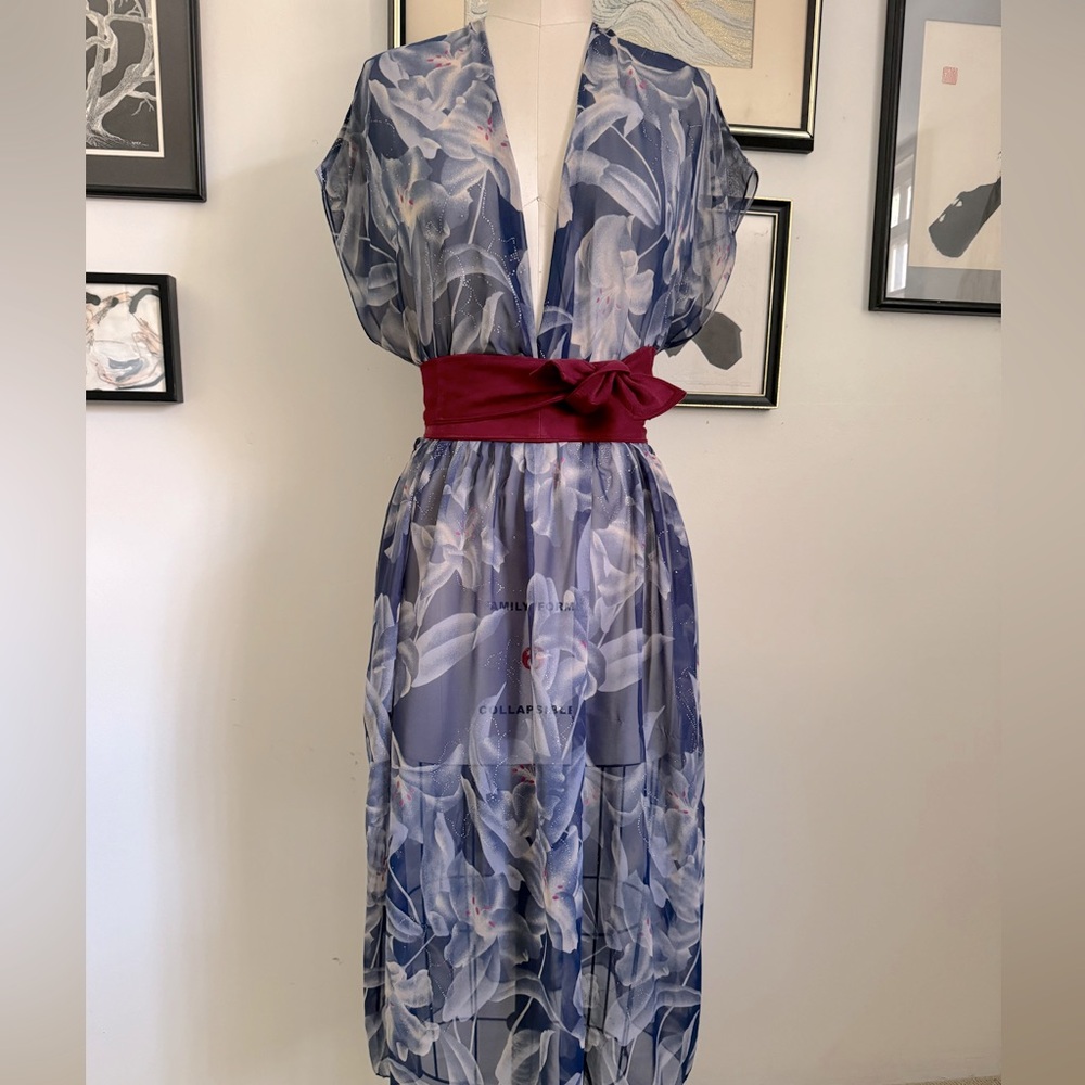 Vintage Blue Watercolor Floral Sheer Summer Dress S